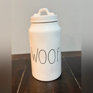 Rae Dunn White Dog Treat Canister Jar Ceramic Biscuit Food White “WOOF” Black